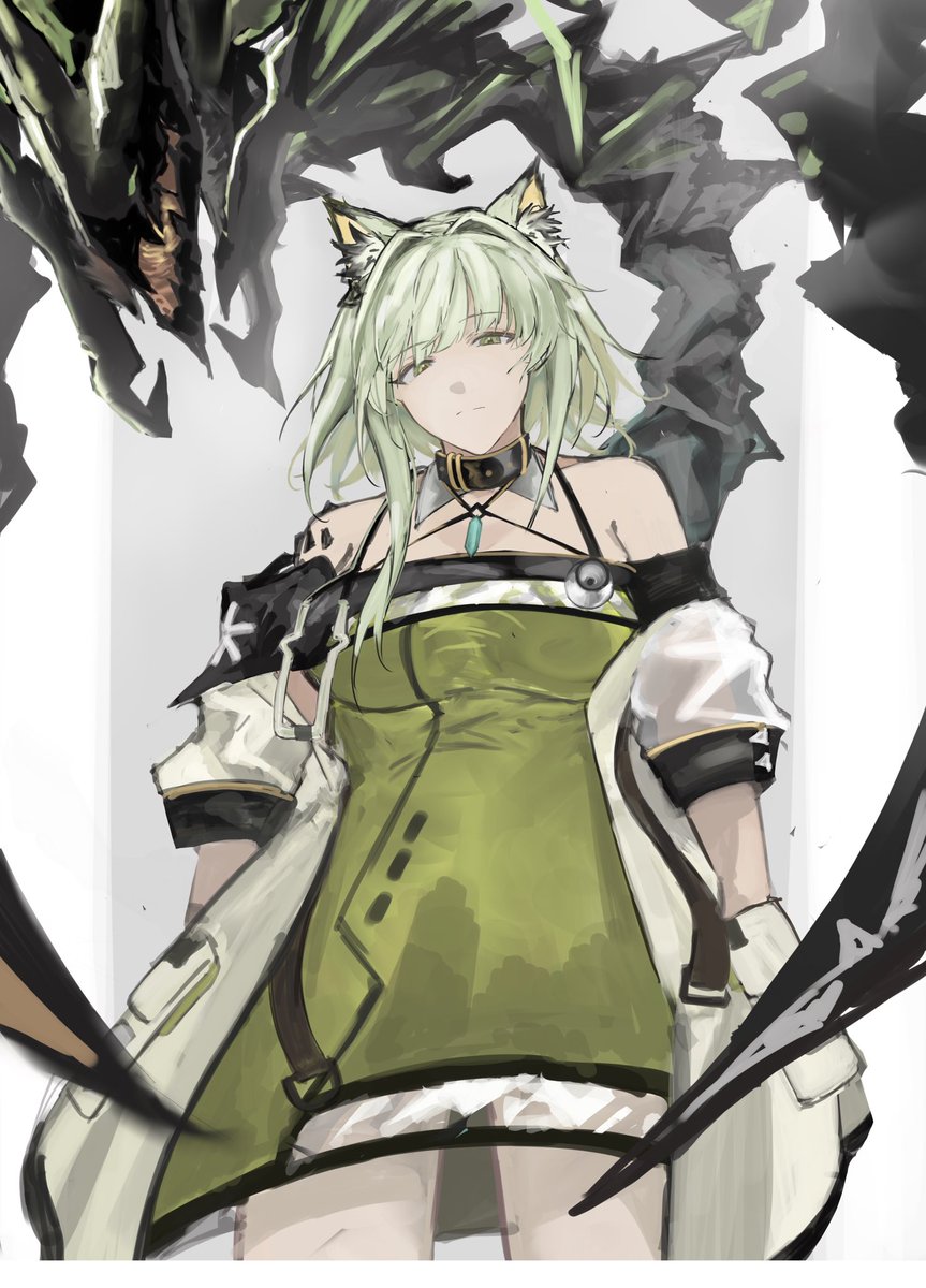 kal'tsit (arknights) 1girl solo animal ears green eyes white background simple background green dress  illustration images