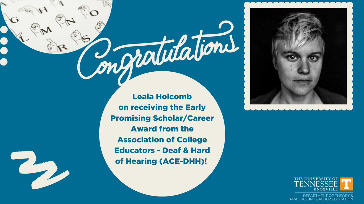 UTKTeacherEd's tweet photo. Congratulations to #DeafStudies post-doc res assoc, Leala Holcomb, on receiving the Early Promising Scholar/Career Award from the Association of College Educators - Deaf &amp; Hard of Hearing (ACE-DHH) conference! https://t.co/omDYECqnmd
#utktpte #utkcehhs #utknoxville #Deafeducation https://t.co/fXPZ7eHkUa