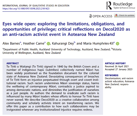 heather_came's tweet photo. New paper with @HotereBarnes Kahurangi Dey and Maria Humphries Eyes wide open: exploring the limitations, obligations, and opportunities of privilege; critical reflections on #Decol2020 as an anti-racism activist event in Aotearoa New Zealand https://t.co/ITQz4RgdmD https://t.co/d1sJqCAf8A