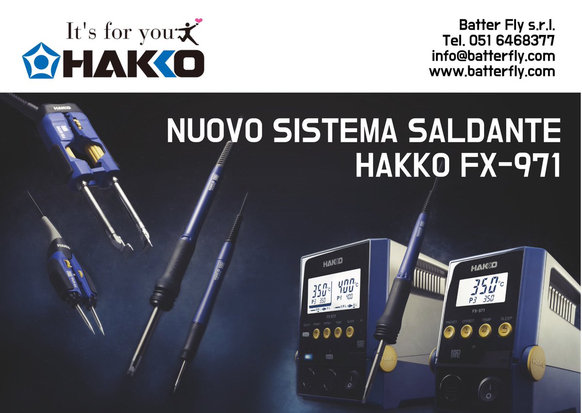 BatterFlySrl's tweet photo. You can now book your next generation HAKKO FX-971 soldering station! Go@check and spread the words! https://t.co/pAtL25ziYA #hakko #soldering #pcb https://t.co/b9mS96Oiei