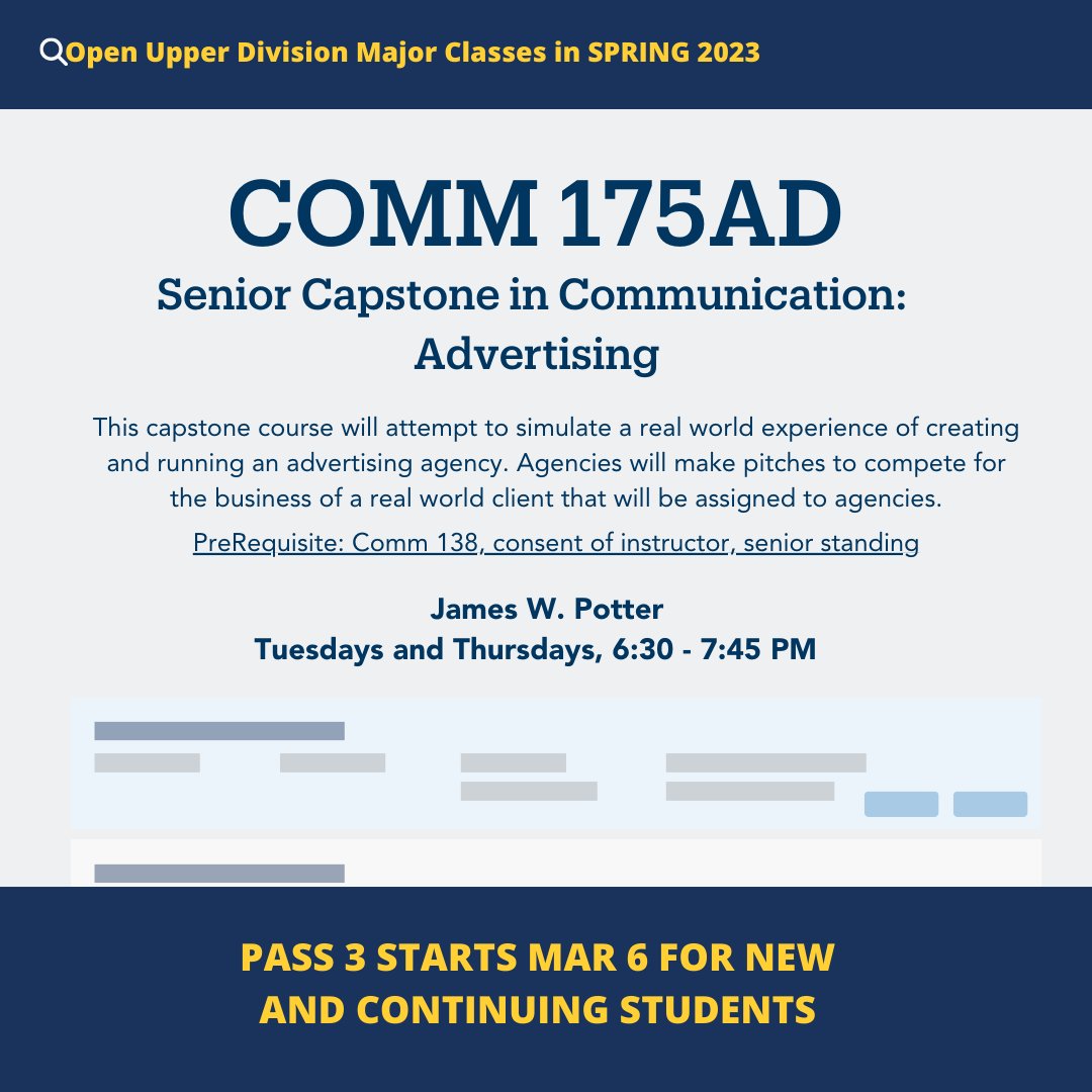 Attention all students still in search of upper division COMM courses! Don't forget to check out our courses that still have spaces as of today (3/3) and enroll before it's too late 🌊☀️ Visit us at SSMS 4005 with questions and concerns! #UCSBComm