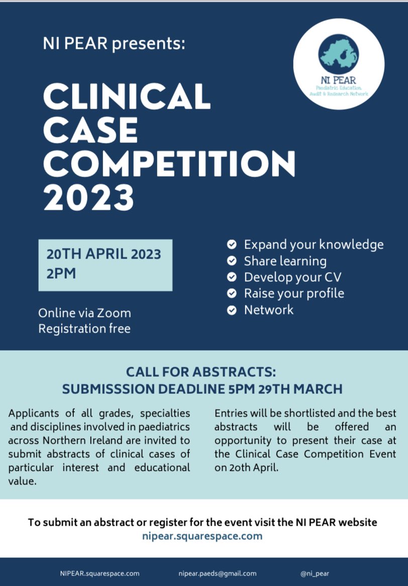 We’re excited to announce our first ever ‘Clinical Case Competition’ 👏🏼This is a great opportunity for trainees of all grades/disciplines involved in NI paediatrics to learn and expanded their knowledge, through interesting case discussions! Details of how to get involved below…