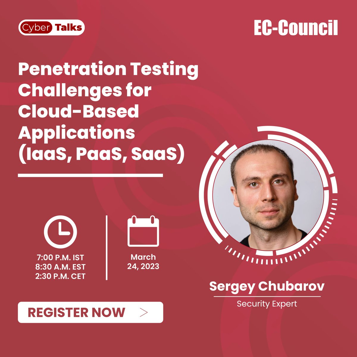 ECCOUNCIL's tweet photo. New #Webinar! Join us on March 24th with Sergey Chubarov to learn about the various #Pentesting techniques used in AWS, Azure, and GCP and the #CloudSecurity risks associated with them. Register now: https://t.co/ppufQVIGa2 

#ECCouncil #EthicalHacking https://t.co/6BTQO0kefN