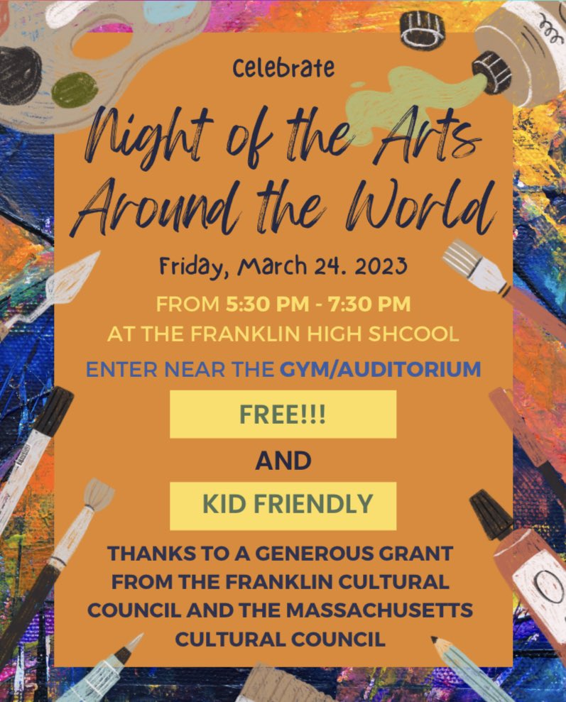 Hi everyone!! Franklin NAHS is hosting its annual Night of the Arts on March 24th!! Each room celebrates a different type of cultural art from a certain country, and there will be crafts and activities for everyone.
Make sure to save the date and we hope to see evervone there!!