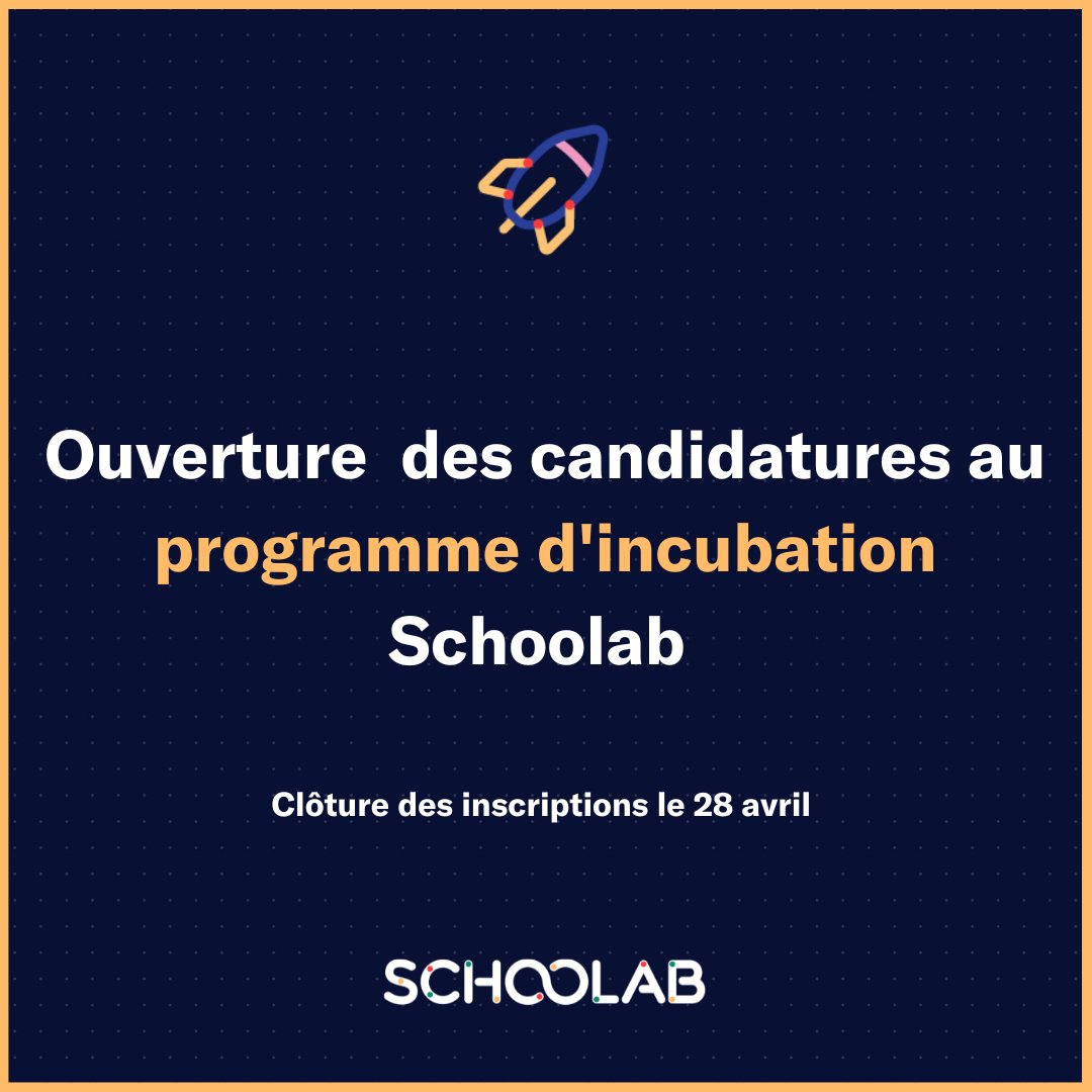 Tu as du mal à avancer dans ton projet ? J’ai une bonne nouvelle pour toi ! 👏

On ouvre les candidatures aux programmes d’incubation Schoolab 🎊

Candidate avant le 28 Avril 2023 📆

Si tu souhaites en savoir plus, c'est juste ici 👉
schoolab.link/3EUXhCf