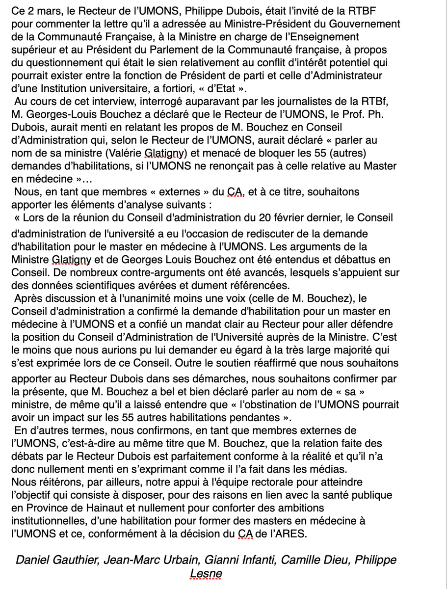 Les membres extérieurs au CA de l' @Umons: 
"Mr #Bouchez a bel et bien déclaré parler au nom de 
"sa" ministre, de même qu’il a laissé entendre que 
"l’obstination de l’UMONS pourrait avoir un impact sur les 55 autres habilitations pendantes".