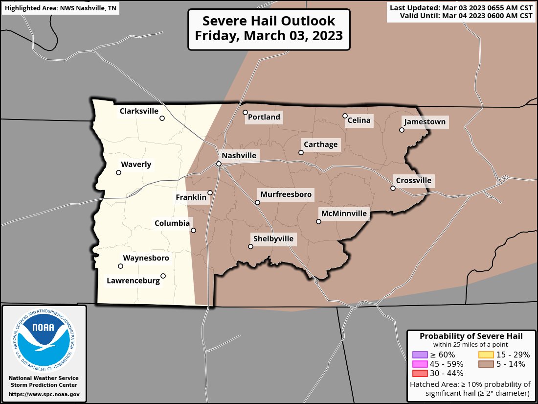 Hot off the press update from the SPC. Within 25 miles of you, there is an "x" chance of these happening today. Tornado: 10% (also a 10% chance of EF2 or stronger), Severe T'storm winds: 30% (also 10% chance those winds are 74 mph+), Large Hail: 5%.