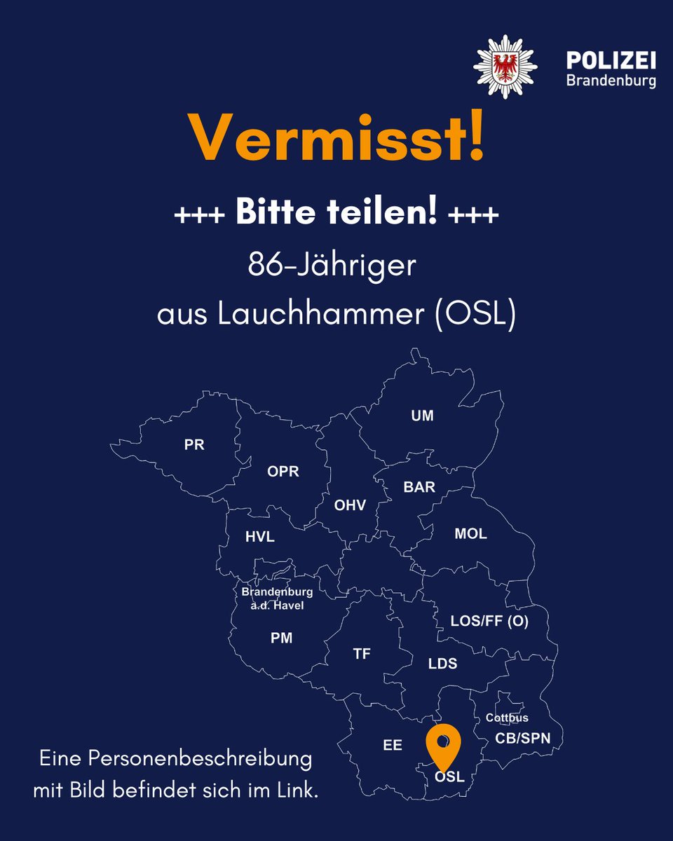 #Fahndung
Seit letzter Nacht (03.03.23) suchen wir einen 86-Jährigen aus Lauchhammer (OSL). Nur bekleidet mit einem Schlafanzug wird er in einem Pflegeheim vermisst.

Hinweise ☎️ 03573 880.

Bild und Infos: polizei.brandenburg.de/fahndung/vermi… 

Teilen Sie keine Hinweise über soz. Medien.