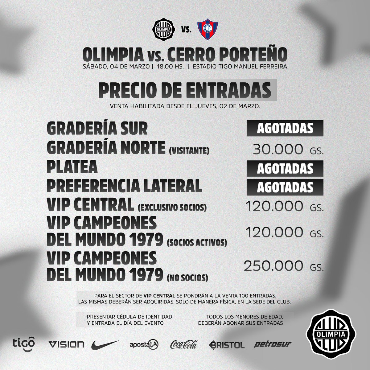 ❌ ¡𝐏𝐋𝐀𝐓𝐄𝐀𝐒 𝐀𝐆𝐎𝐓𝐀𝐃𝐀𝐒!

Seguí adquiriendo tus entradas para el compromiso de mañana en el Tigo Manuel Ferreira.

☑ Venta física en Para Uno y en locales habilitados de Ticketea.
📎 Online: ticketea.com.py/events/olimpia…

#OlimpiaMiOrgullo ⚪⚫⚪