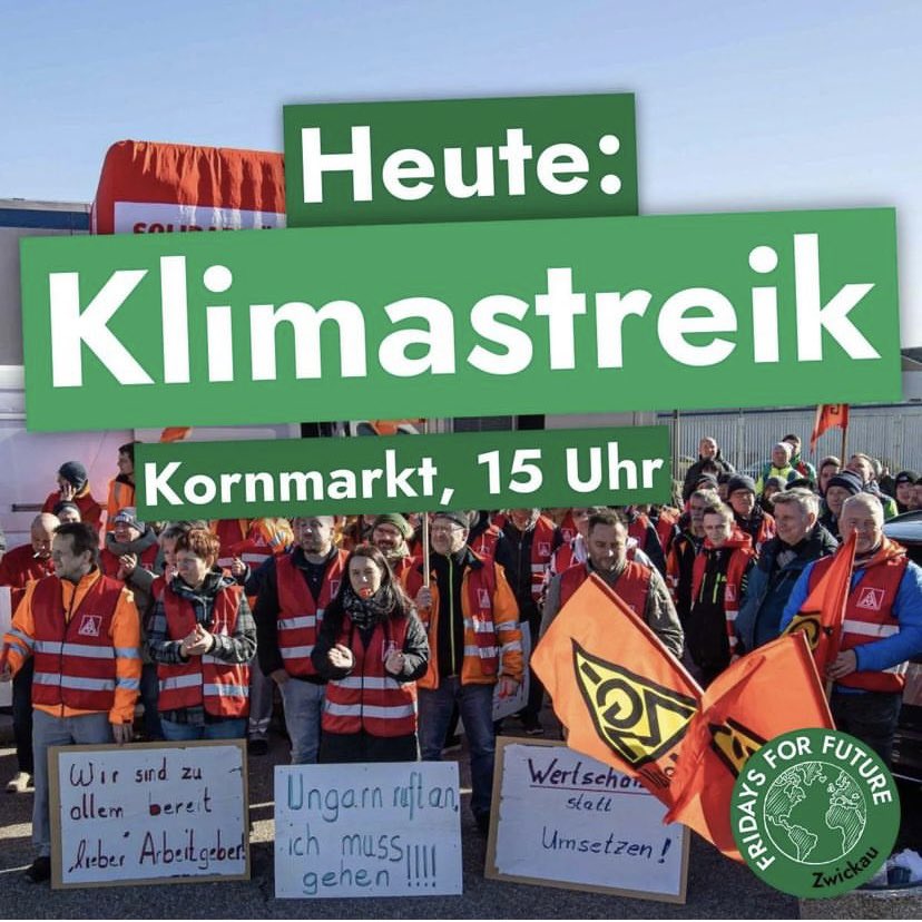 FFF_Zwickau's tweet photo. Auch in #Zwickau wird heute wieder gestreikt! Für Klimagerechtigkeit und in Solidarität mit den Beschäftigten von GKN. Wir spielen Arbeitsplätze in der Automobilindustrie nicht gegen Klimaschutz aus. Für einen ökologischen Umbau der Produktion! #Klimastreik 1/x https://t.co/3SR7dCTQ6M