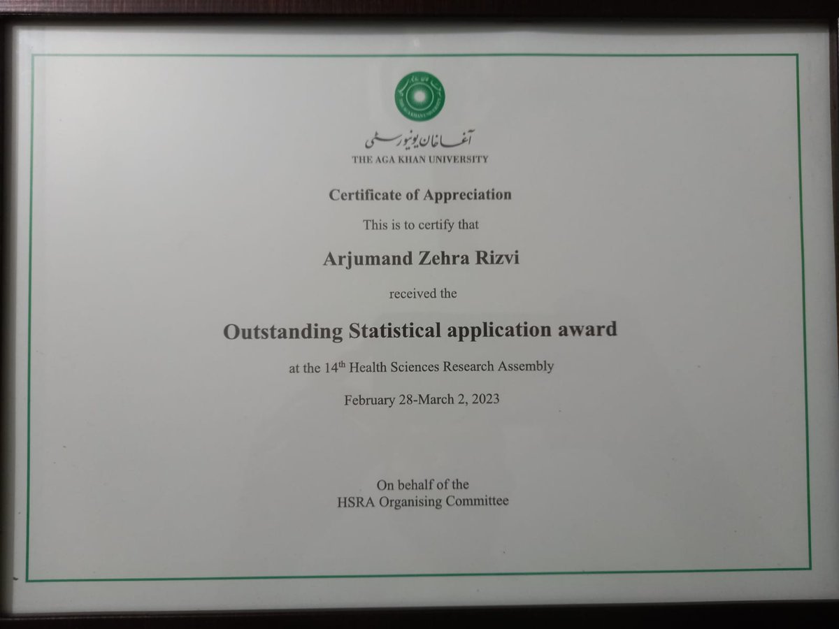 I’m feeling very grateful, proud, and deeply humbled to receive ‘outstanding statistical application award’ at 14 #HSRA <a href="/AKUGlobal/">Aga Khan University</a>
 I want to give my sincere thanks to everyone who supported me and encouraged me to get this far.