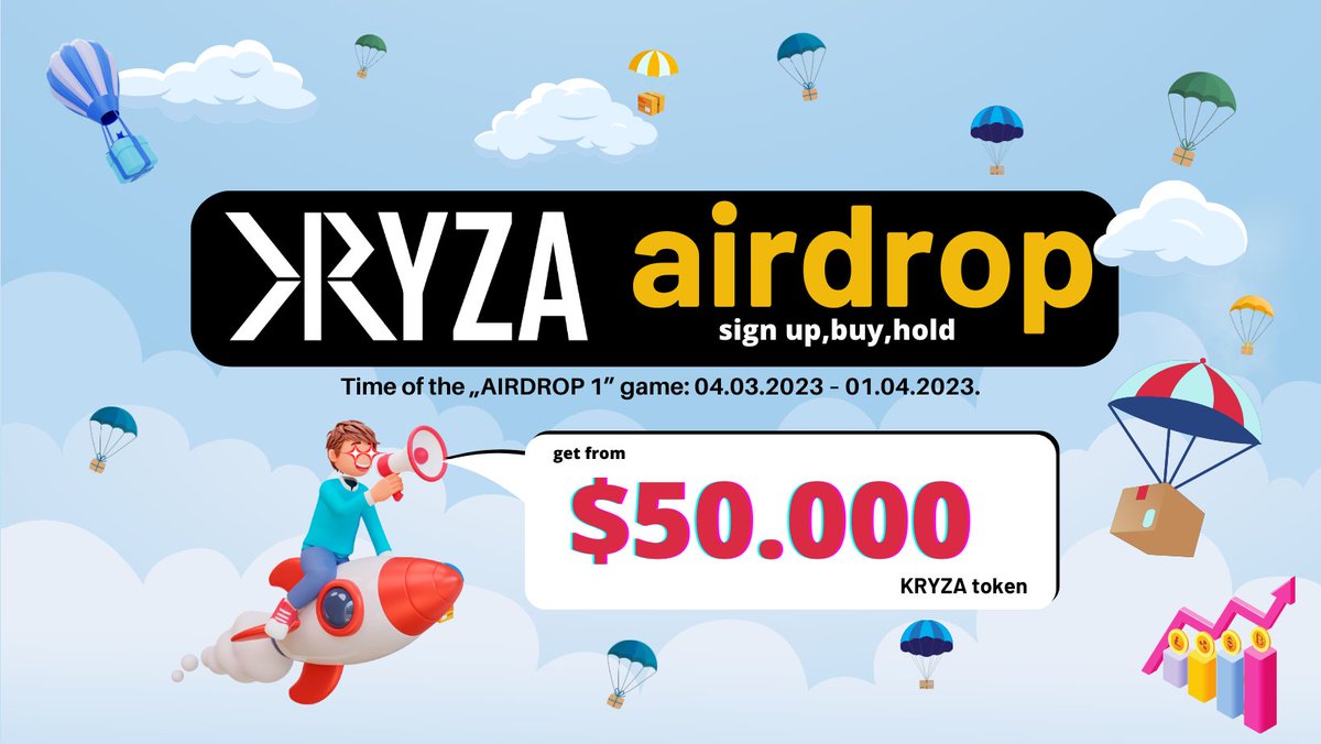Do you like AIRDROPS and invest in crypto startups❓ 
／
🎁Get from $50.000 KRYZA!
＼
💙 Follow 
🔁 Retweet
✅ Check kryza.io/airdrop

#Binance 
#Crypto
#cryptocurrency 
#Airdrop 
#Airdrops 
#AirdropCrypto 
#BTC 
#Bitcoin
#Giveaway
#Giveaways 
#Coinmarketcap 
#CoinGecko