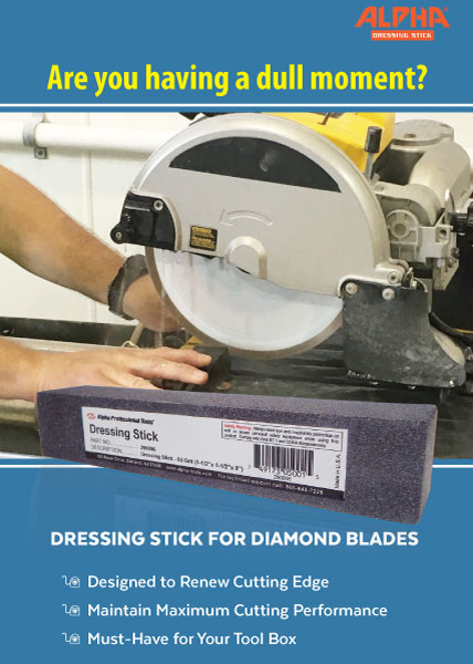 Expose New Cutting Surfaces or Re-Open Glazed Diamond Blades and Grinding Wheels with our Dressing Sticks to prolong the life of your tools. 
alpha-tools.com/Pages/ProductD…

#alphaprotools #alphatools #tilecontractor #construction #hardscape #stone