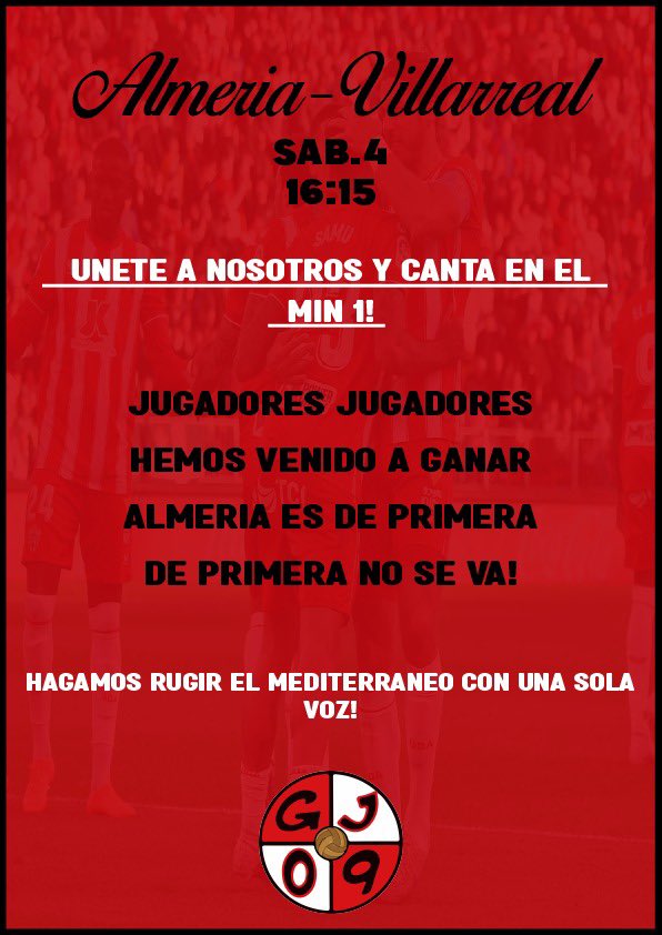 Este sábado tenemos otra cita en nuestro templo, el Mediterráneo. Pedimos a todo el estadio que nos siga en el cántico: "JUGADORES, JUGADORES" al inicio del encuentro, después de cantar nuestro himno a capela.

¡ALMERÍA ES DE PRIMERA, DE PRIMERA NO SE VA! 🎶🥁