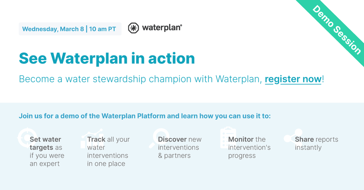 💦 Want to see Waterplan in action? Join us next Wednesday, March 8, to see a demo of the Waterplan Platform and become a #water stewardship champion.
Register now: waterplan.registration.goldcast.io/events/9e56601…