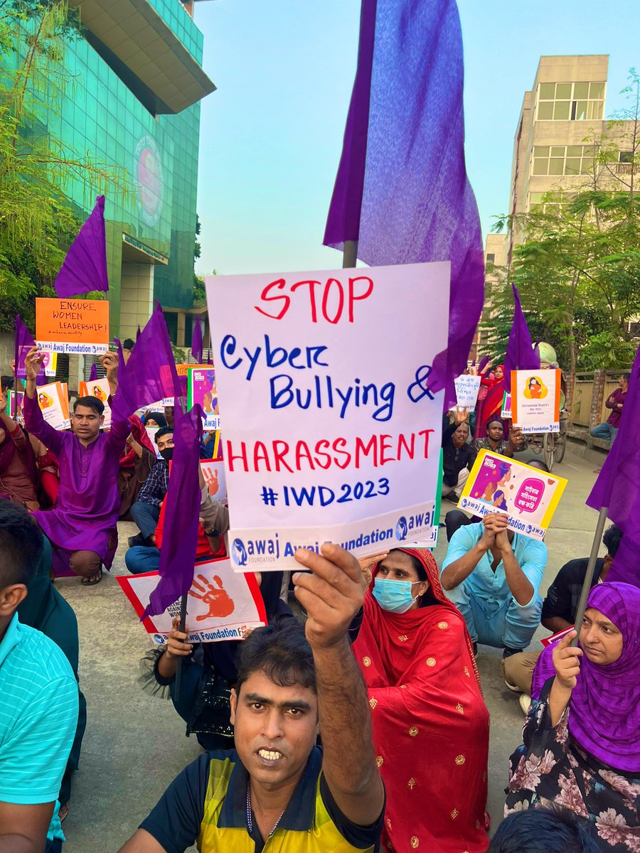 Our campaign for the #IWD2023 starting with demanding a #safecyberspace for women free of cyber bullying & harassment 
#embrace_equity
#minimumwage23000taka
#ratifyiloc190