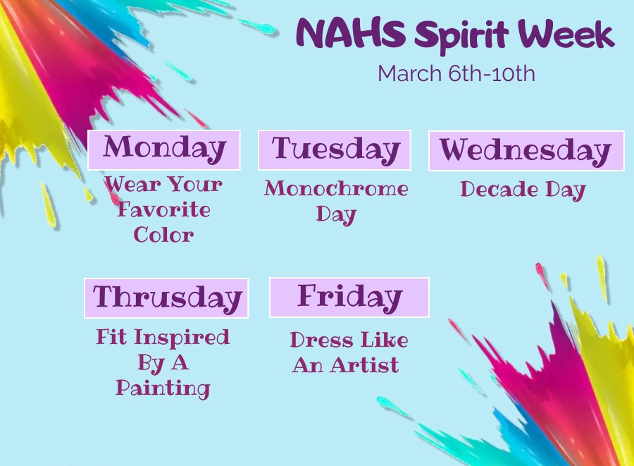 In celebration of Youth Art Month and Arts Day in the Commons next Friday, 3/10, please participate in our Spirit Week, hosted by National Art Honor Society Members! :)

Flyer created by Anayah (Klover) Robinson 
#yam #nahs #art #spiritweek
#highschool #arted