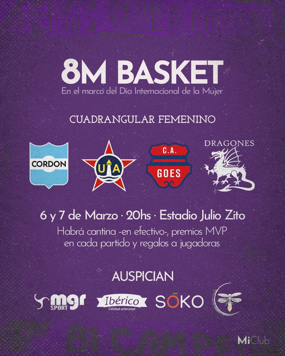 ✊🏼 𝟴𝗠 𝗕𝗔𝗦𝗞𝗘𝗧 🟣

Volvió 𝗖𝗼𝗿𝗱𝗼́𝗻 𝗙𝗲𝗺𝗲𝗻𝗶𝗻𝗼 y por el 𝗗𝗶́𝗮 𝗜𝗻𝘁𝗲𝗿𝗻𝗮𝗰𝗶𝗼𝗻𝗮𝗹 𝗱𝗲 𝗹𝗮 𝗠𝘂𝗷𝗲𝗿, los invitamos al 8M BASKET donde habrá premios y un buen momento para seguir impulsando el deporte.

Entrada gratuita. habrá cantina. 
¡Venite! #MiClub