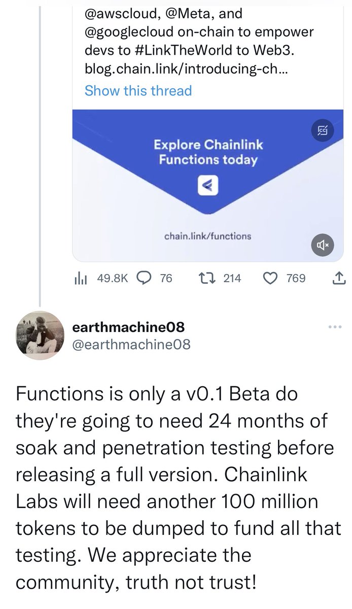 chainlinkFUD's tweet photo. Chainlink Functions is to 2023 What CCIP/staking was to 2022. Say it with me…NOTHING BURGER.
#Chainlink #TokenNotNeeded #ChainlinkFRAUD $LINK https://t.co/h4NFpr2XeK