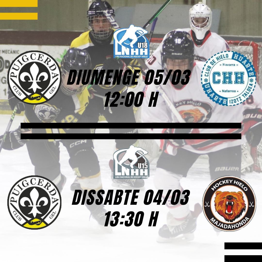 C.G. Puigcerdà 1958 (@cgpuigcerda1958) on Twitter photo ⚡️ GAME DAY!⚡️
🗓️ 5/3 - 12:00h
🏒 <a href="/cgpuigcerda1958/">C.G. Puigcerdà 1958</a> - <a href="/CHHuarte/">Club Hielo Huarte</a>
🔵 Bottom 5 - LNHH U18
📌 Pista de gel - Poliesportiu de Puigcerdà
⬇️⬇️⬇️
🗓️ 4/3 - 13:30h
🏒 <a href="/cgpuigcerda1958/">C.G. Puigcerdà 1958</a> - <a href="/HOCKEY_MAJADAHO/">HOCKEY_MAJADAHONDA</a>
⚪️ Top 4 - LNHH U15
📌 Pista de gel - Poliesportiu de Puigcerdà
#CGP #SomhiCGP ⚡️ GAME DAY!⚡️
🗓️ 5/3 - 12:00h
🏒 <a href="/cgpuigcerda1958/">C.G. Puigcerdà 1958</a> - <a href="/CHHuarte/">Club Hielo Huarte</a>
🔵 Bottom 5 - LNHH U18
📌 Pista de gel - Poliesportiu de Puigcerdà
⬇️⬇️⬇️
🗓️ 4/3 - 13:30h
🏒 <a href="/cgpuigcerda1958/">C.G. Puigcerdà 1958</a> - <a href="/HOCKEY_MAJADAHO/">HOCKEY_MAJADAHONDA</a>
⚪️ Top 4 - LNHH U15
📌 Pista de gel - Poliesportiu de Puigcerdà
#CGP #SomhiCGP