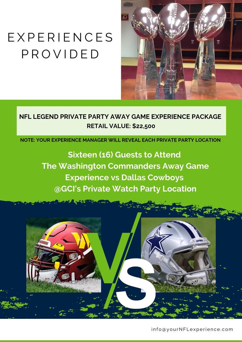 Looking for 16 diehard football fans who’d love to join some NFL Legends &amp; Super Bowl Champions in watching Washington take on Dallas at my Private Watch Party Location this 2023 NFL Season. Click on link to learn more. NFLegends.com/gameday1