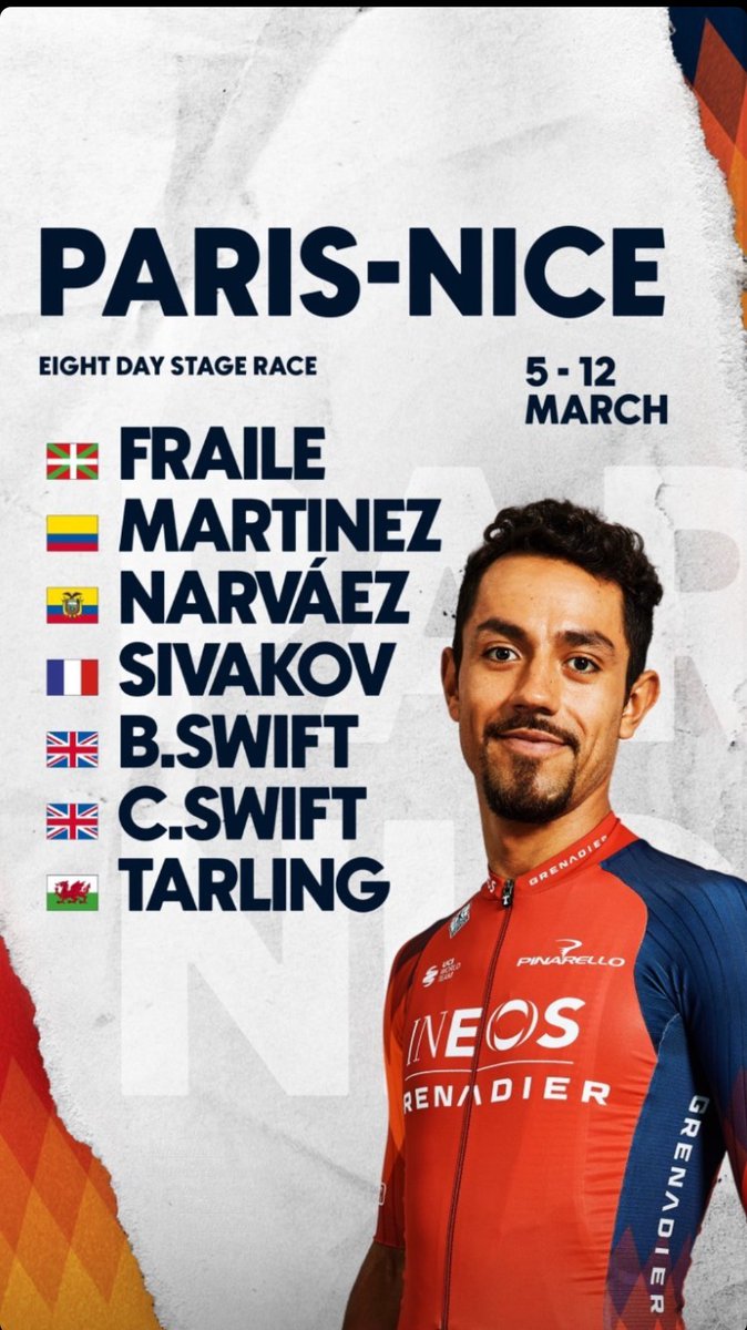 EnBiciEC's tweet photo. Jhonatan Narváez 🇪🇨 y Daniel Felipe Martínez 🇨🇴 correrán la París-Niza para el @INEOSGrenadiers 

Del 5 al 12 de marzo 🗓️👀 https://t.co/mlIVH4D6Wy