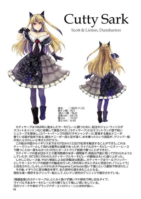 #歴史創作大交流会19世紀イギリスの快速帆船の擬人化もやってます。カティ・サークがだいたい主人公です。帆船紹介→先日のコミティアでカティ・サークとそのライバル、サーモピレーの漫画を出しました→ 