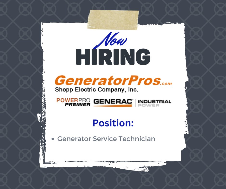 Look who’s #hiring!

Shepp Electric Co., Inc. is currently looking for a Generator Service Technician.

To learn more about this open position and how you can #apply, click here: business.wwlcchamber.com/jobs/info/cons…

#nowhiring #jobopenings #ApplyNow #hiringnow

Don't just Join, Belong!