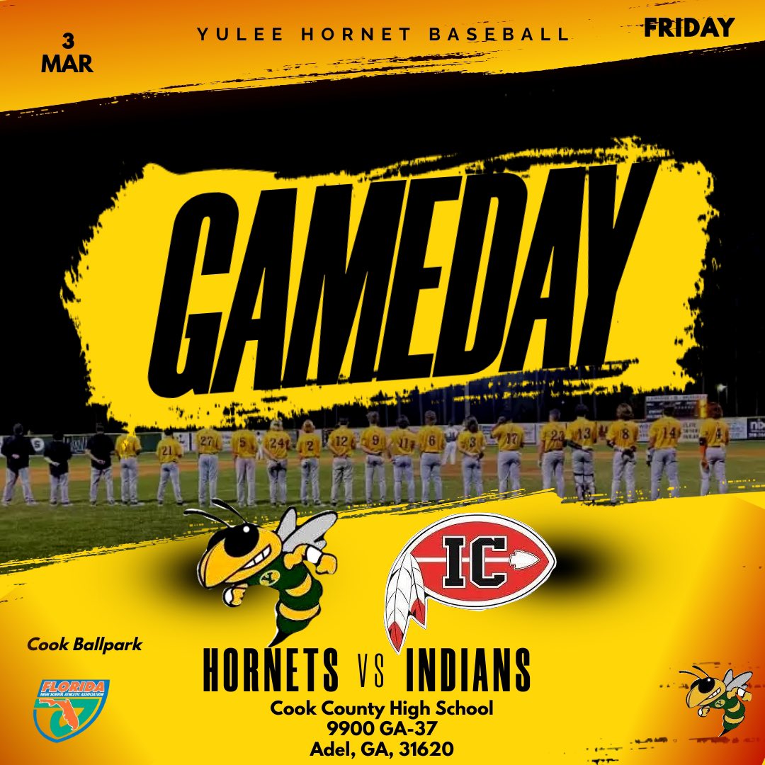 GAME DAY!!!! Hornets Travel to Georgia for some Florida vs Georgia high school baseball! First pitch against Irwin County starts at 6:30pm!Friday nights baseball! 3 games in 24 hours! #YuleeBaseball #HornetBaseball #🐝⚾️ #FHSAA #OnTheRise #StingEm