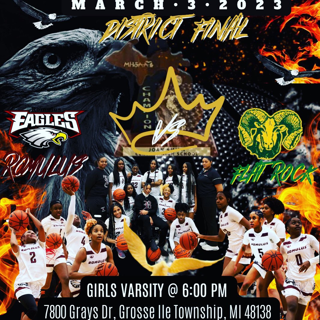 🦅🚨G A M E  D A Y  A L E R T🚨🦅

Eagle Nation!! As far as I know, we’re STILL ON for the District Championship today!! The Lady Eagles will take on the Flat Rock Rams at 6 PM across the bridge in Gross Ile. 

🆚️: Flat Rock
🕕: 6:00 PM
📍: Gross Ile High School
🎟: $7