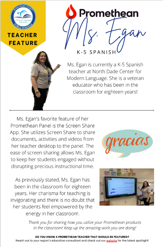 It's Teacher Feature Friday! Read about the amazing, Ms. Egan, of <a href="/NorthDadeCML/">North Dade CML</a> and how she uses her <a href="/Promethean/">Promethean</a> panel in her classroom! Thank you for all you do! @LearnPromethean <a href="/MDCPS/">Miami-Dade Schools</a> 
sites.google.com/view/miamiprom…