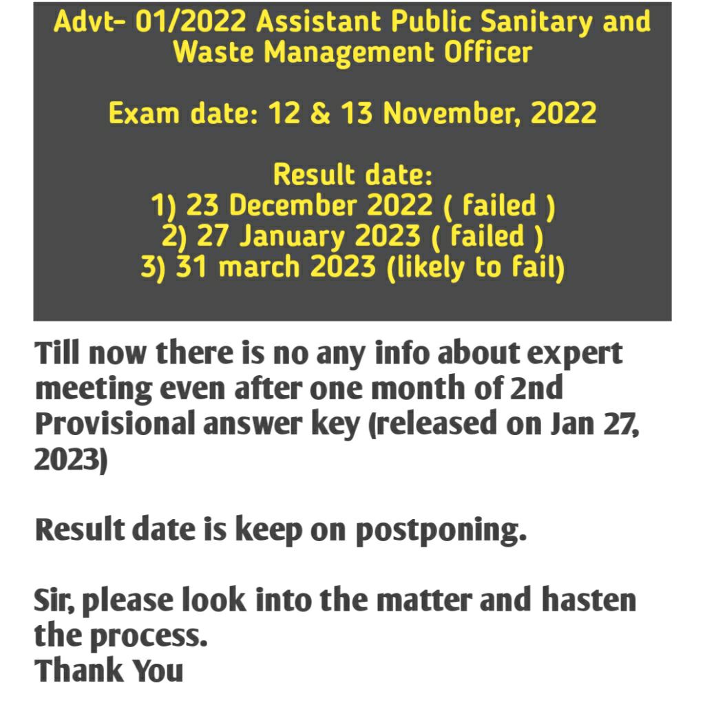 AmitKum25217883's tweet photo. @atulpmail Sir, APSWMO exam (01/2022) 
Please please it's getting delayed without any reason.
Two provisional answer key has already out in which 2nd one was on 27th Jan 2023.
As per calendar final result should be at 31th March 2023, but there No sign of final answerkey! https://t.co/K3FbhEMzoF