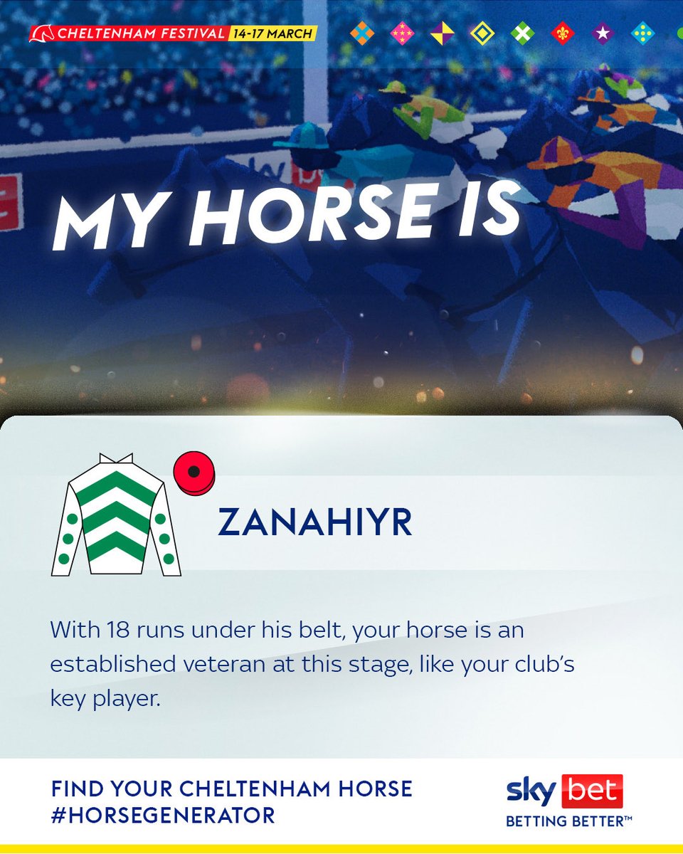 Ste1722's tweet photo. I just found my horse for Cheltenham on the @SkyBet #HorseGenerator! Answer 5 questions about your football club &amp; find your horse at https://t.co/4Sq6ZyOkR2 https://t.co/gwdMLuZT2w