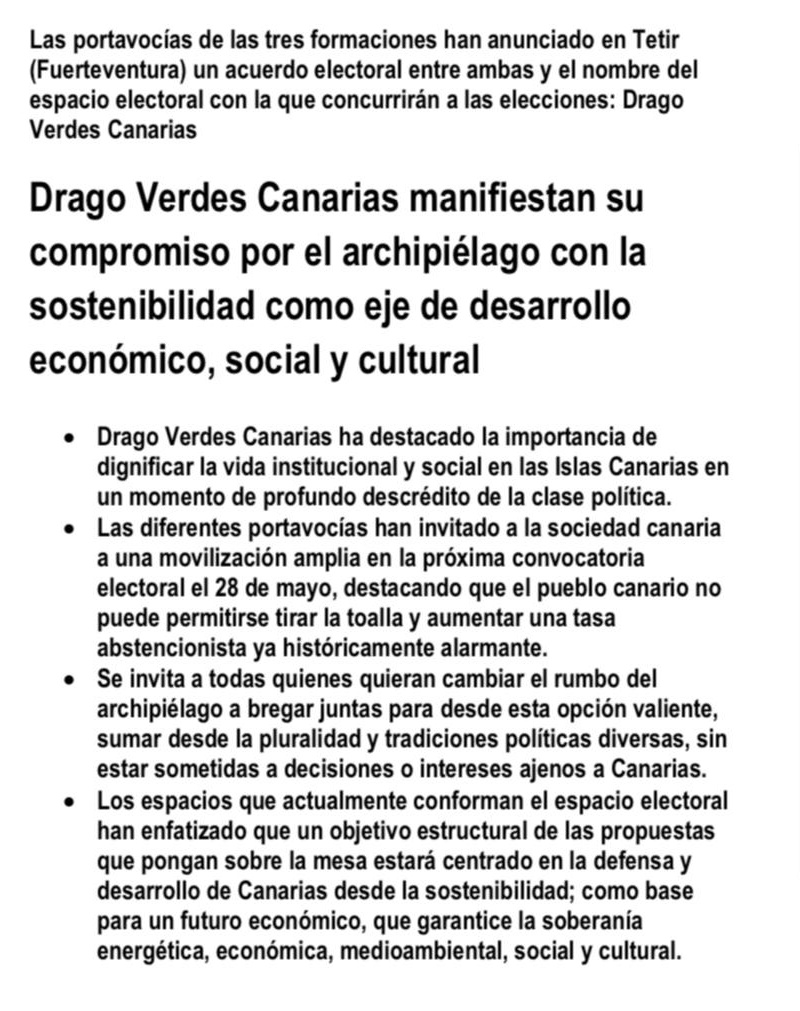 Lanzamos 𝗗𝗿𝗮𝗴𝗼 𝗩𝗲𝗿𝗱𝗲𝘀 𝗖𝗮𝗻𝗮𝗿𝗶𝗮𝘀 junto a @proyecto_drago y <a href="/losverdes_can/">Los Verdes</a>.

Hoy, desde Tetir (Fuerteventura) presentamos la candidatura con la que iremos juntas a las elecciones de mayo. Este viaje ilusionante solo acaba de empezar 💚