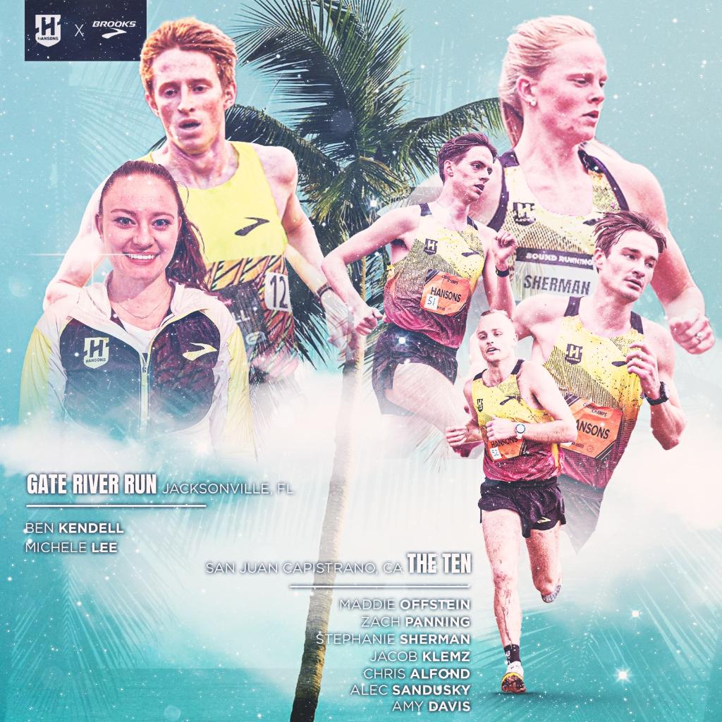 HansonsDistProj's tweet photo. .@USATF 15 km Champs Saturday morning in Jacksonville for Michele Lee and Ben Kendell.  @sound_running 10,000m Saturday evening in San Juan Capistrano for Amy Davis, Maddie Offstein, Steph Sherman, Alec Sandusky, Chris Alfond, Jacob Klemz, and Zach Panning.
Graphics: @aaron_greb https://t.co/sc9yiLIwkL