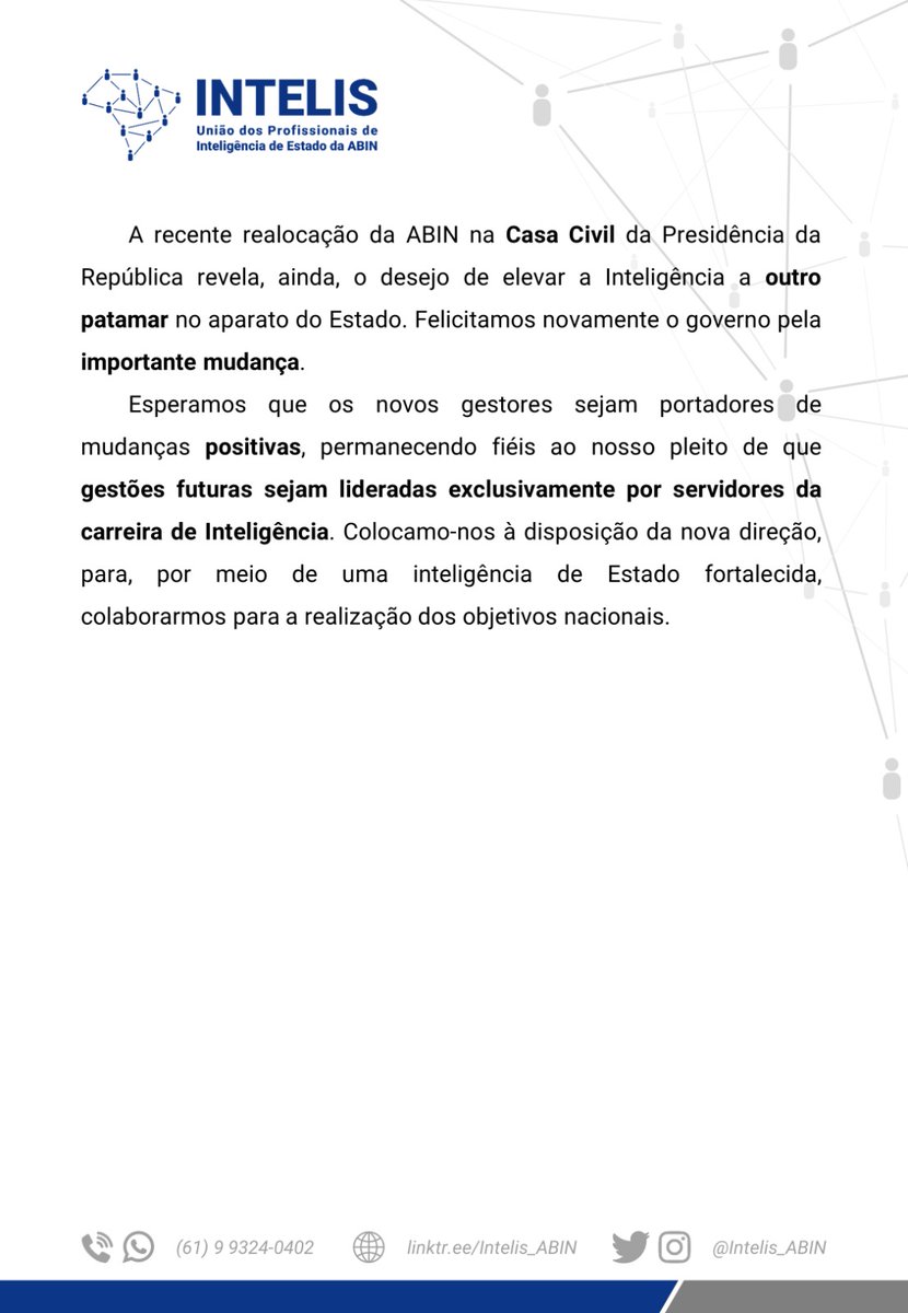 Intelis_ABIN's tweet photo. NOTA PÚBLICA - Indicações para o comando da #ABIN

#INTELIS #InteligênciaDeEstado #DG #DADJ @LulaOficial @casacivilbr @costa_rui https://t.co/9rt5zIIGXQ