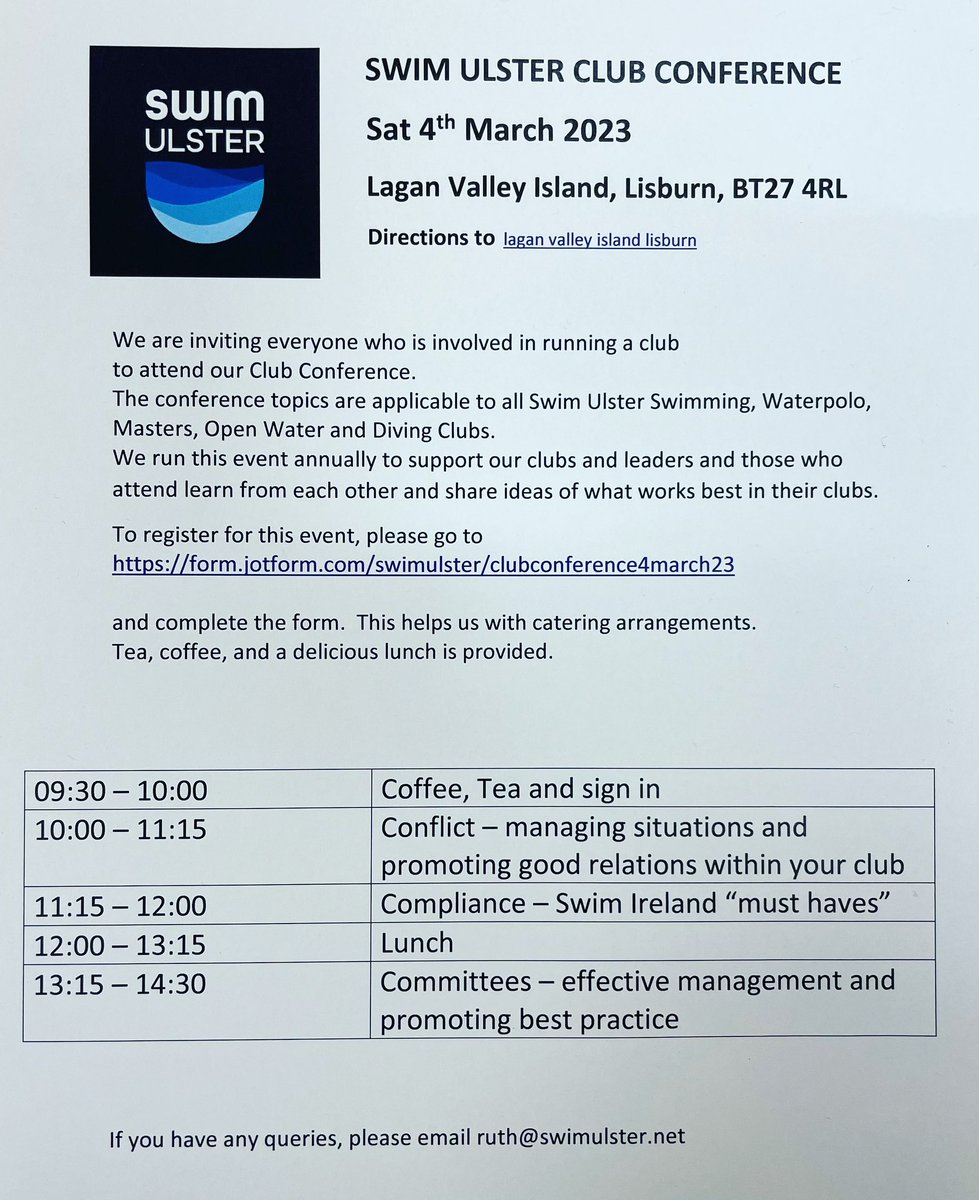 SwimUlster's tweet photo. Looking forward to seeing everyone at our club Conference tomorrow!!
Lagan Valley Island Lisburn.                    #supportingourclubs. #managingconflict #development #m https://t.co/fNLe13fpel