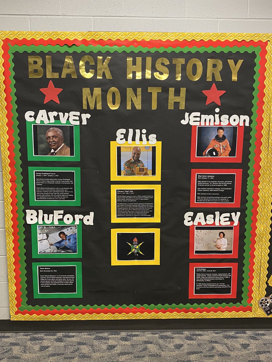 The National Society of Black Engineers Jr Lee’s Summit West chapter made this beautiful bulletin board in celebration of Black History Month in February!  Excited for the students to attend the <a href="/NSBEconvention/">NSBE Convention</a> in March! <a href="/NSBE/">NSBE</a> <a href="/lswhstitans/">LSW Titans</a>