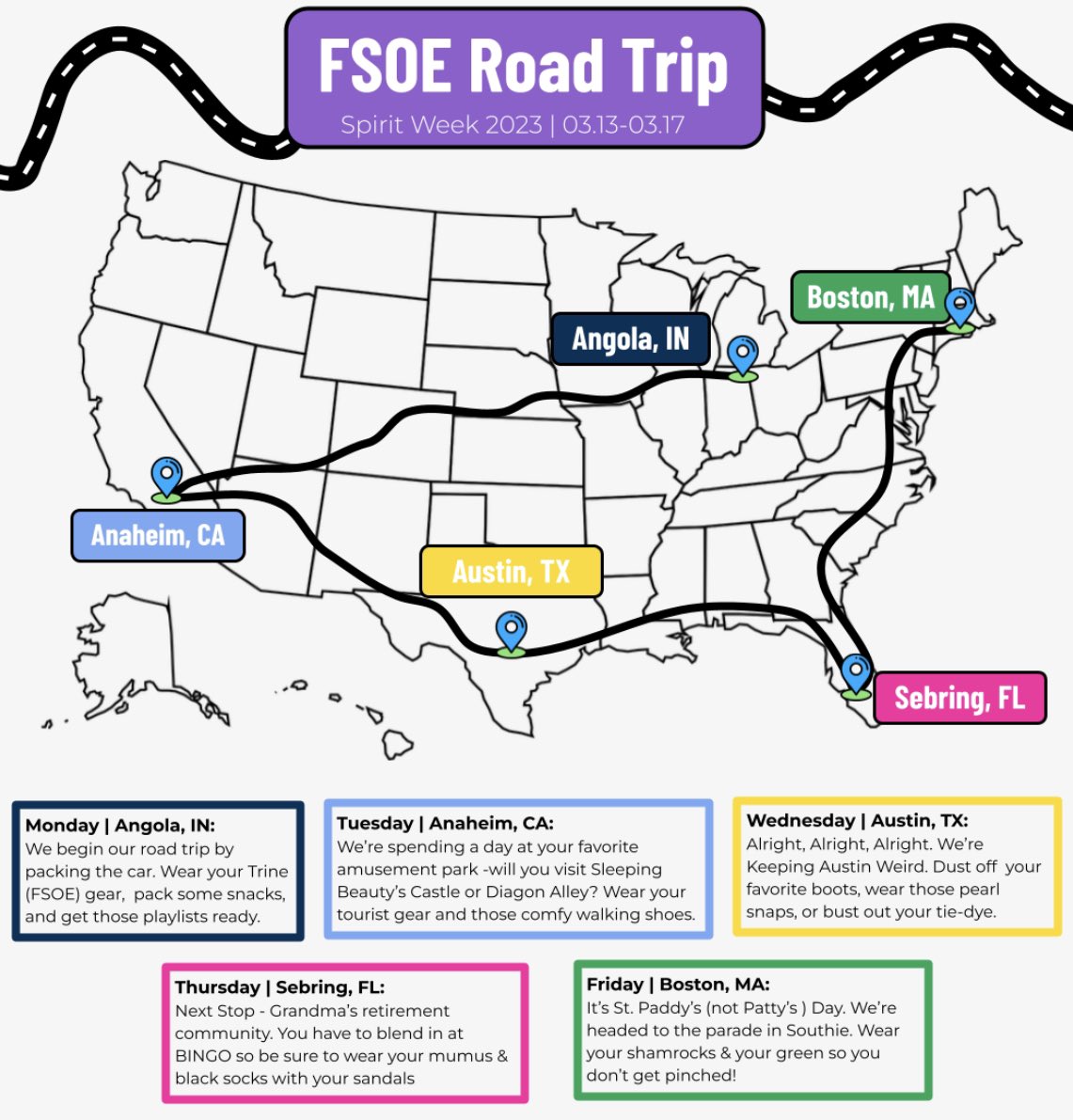 ProfATodd's tweet image. It’s that time again! When you’re off campus next week for break, keep an eye out for anything you might need for our Spring Spirit Week Road Trip! We kick off on Monday 3/13; wear your Trine or FSOE gear #TeacherByTrine