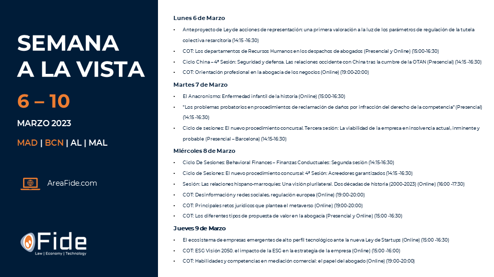 fide_fundacion's tweet photo. #SemanaALaVista (06 – 10 de Marzo)
Avance de nuestras próximas actividades
Más información y registro vía #AreaFide: https://t.co/QqZGDuBFtx
#textonormativo #China #geopolitica #anacronismo #Reestructuraciónpreventiva #concursal #finanzas #BehavioralFinances https://t.co/lhleLiQtdj