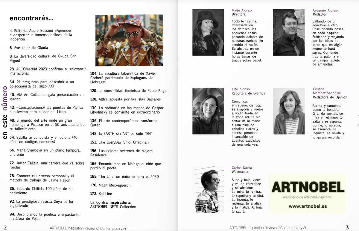 En este nº21 de ARTNOBEL #inspiration #review #contmporaryart encontrarás: bit.ly/41Gk0Mf <a href="/OKUDART/">OkudaSanMiguel</a> <a href="/FeriaArco/">Feria ARCO</a>  <a href="/fundaciobassat/">Fundació Carmen & Lluís Bassat</a> #miaartcollection #jaumeplensa <a href="/celebrapicasso/">Celebración Picasso</a> #sybilla <a href="/MariaSvarbova/">MARIA . SVARBOVA</a> #javiercalleja #jaimehayon #eduardochillida <a href="/revistagoya/">revistagoya</a> <a href="/Pejac_art/">Pejac</a>