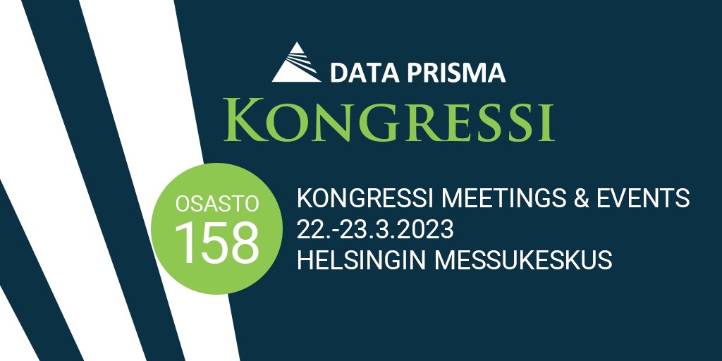 DataPrism's tweet photo. Olemme mukana Kongressi Meetings &amp; Events -tapahtumassa, joka järjestetään Helsingin Messukeskuksessa 22.-23.3. Tule tapaamaan meitä osastolle 158 ja tutustu Kongressi-tapahtumanhallintajärjestelmään sekä mobiiliystävälliseen tapahtumasovellukseemme.
#dataprismaoy #kongressi https://t.co/aIRTytqJzr