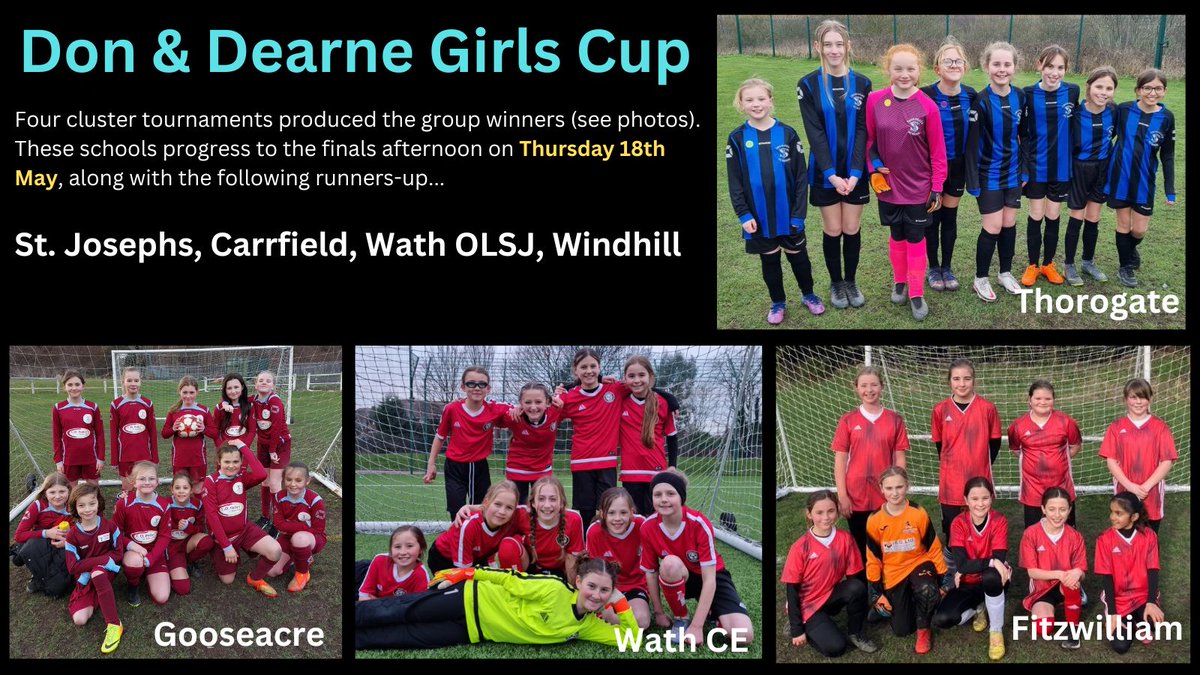 TottyCup's tweet photo. Plenty of girls' football this week.  Thanks to our hosts @MexRangersJFC, @RSJJFC, @WathAcademy,  @DearneDistrict 
A shout out for @WathCofE - Played 4, Won 4, Goals for 17, Against 0
Thanks also to our sponsors ABC Landscaping. 
More on the girls' cup at https://t.co/0nu6PLf98y https://t.co/ejmLI6HtsI