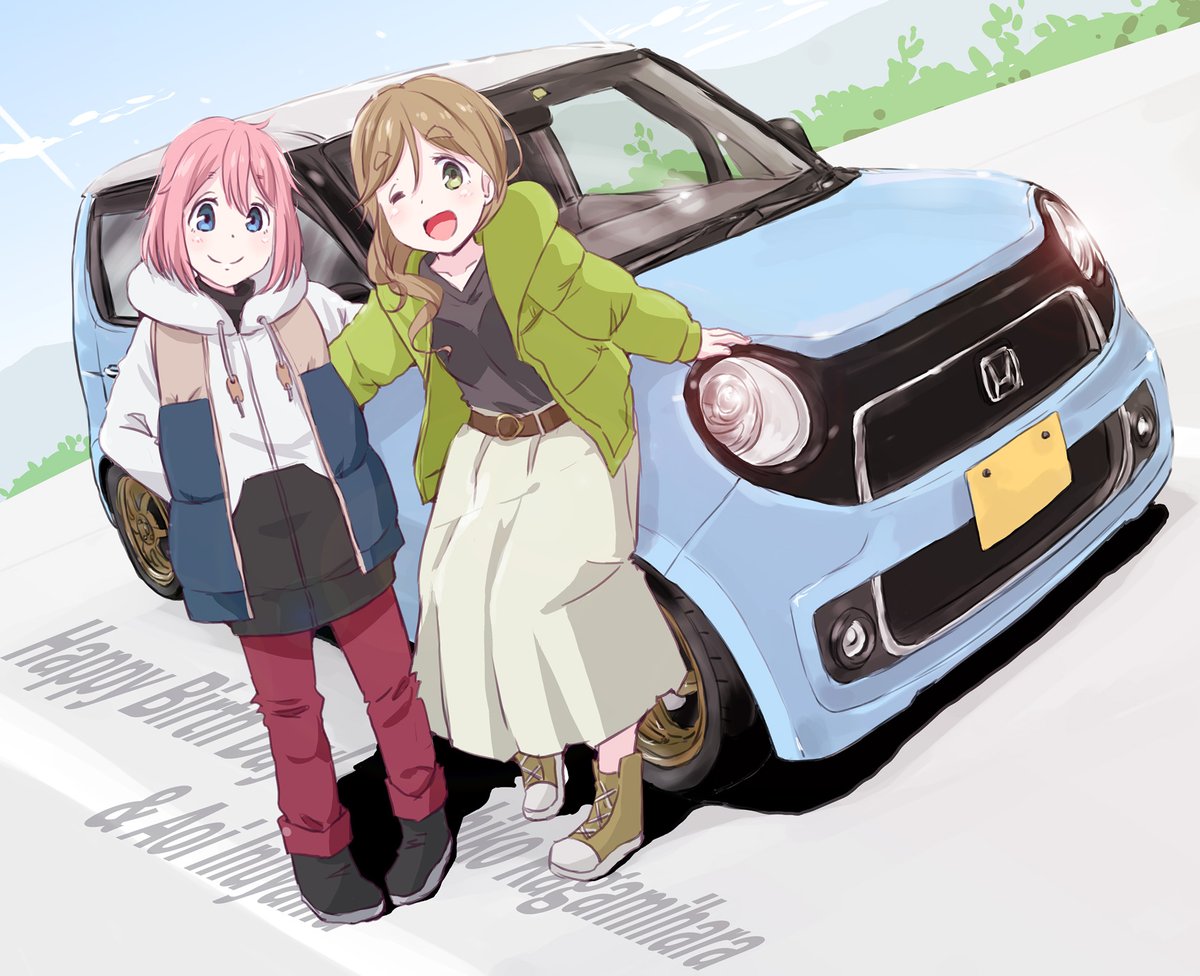 inuyama aoi ,kagamihara nadeshiko multiple girls 2girls motor vehicle pink hair ground vehicle car one eye closed  illustration images