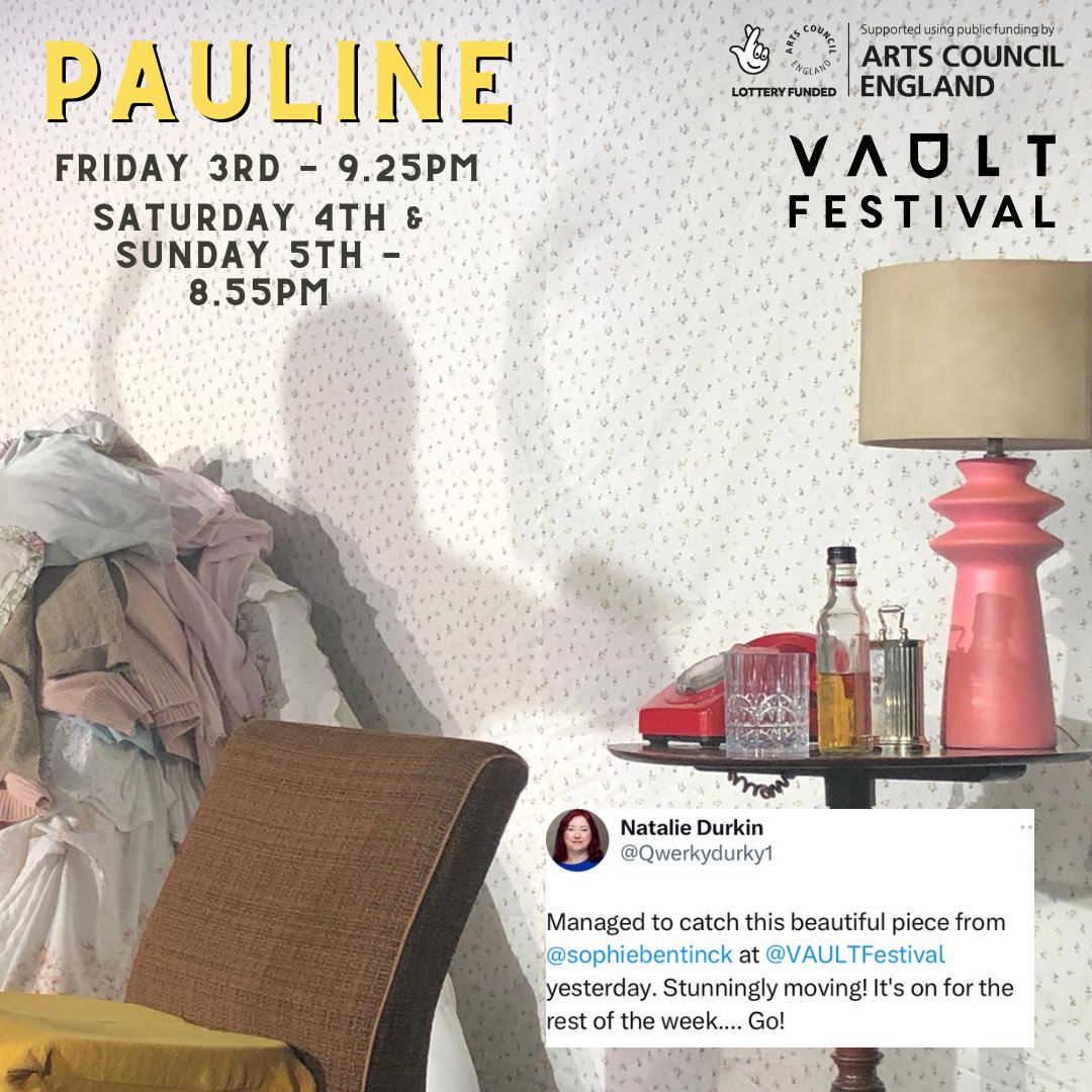 Three more chances to catch Pauline @vaultfestival! Have been getting some lovely feedback from audiences. Tickets selling fast - book yours, we'd love to have you!

vaultfestival.com/events/pauline/

photo by @wingmanerintse

#Alzheimers #newwriting #fringetheatre #SuicidePrevention