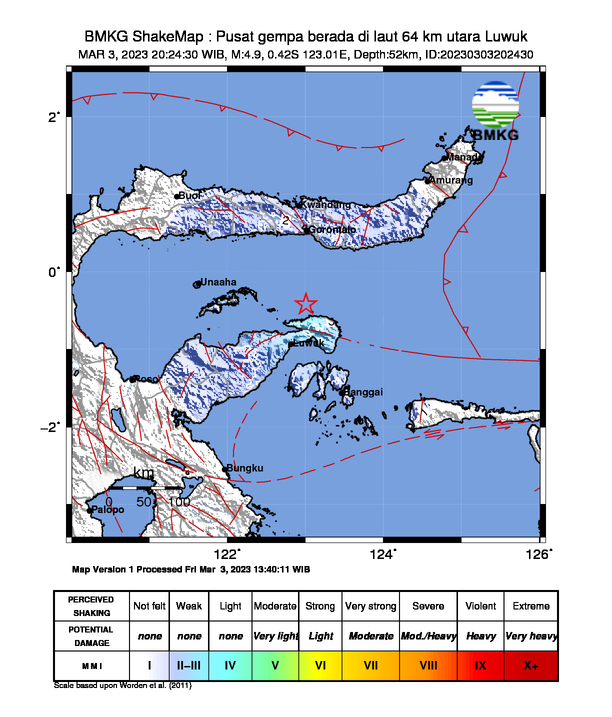 #Gempa (UPDATE) Mag:4.9, 03-Mar-23 20:24:30 WIB, Lok:0.42 LS, 123.01 BT (Pusat gempa berada di laut 64 km utara Luwuk), Kedlmn:52 Km Dirasakan (MMI) II-III Banggai Kepulauan #BMKG
