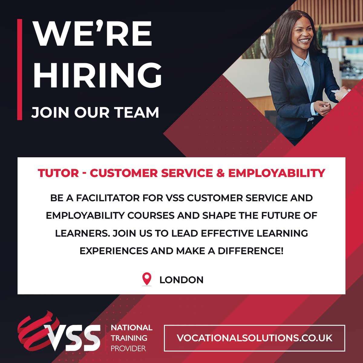 Vocational Skills Solutions (@trainingwithvss) on Twitter photo Become a part of our team in West London and make a difference as a Customer Service and Employability tutor.
Email your CV to jobs@vocationalsolutions.co.uk
Visit - vocationalsolutions.co.uk/tutor-customer…
#hiringnow #tutorjobs #job #hiring #londonjobs Become a part of our team in West London and make a difference as a Customer Service and Employability tutor.
Email your CV to jobs@vocationalsolutions.co.uk
Visit - vocationalsolutions.co.uk/tutor-customer…
#hiringnow #tutorjobs #job #hiring #londonjobs