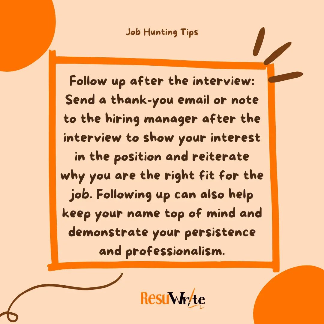 ResuWrite's tweet photo. "Leave a lasting impression with a thoughtful follow-up after the interview! 💼

Following up can also help keep your name top of mind and demonstrate your persistence and professionalism. 💁‍♀️ 

#InterviewFollowUp #JobHunting #CareerAdvice #Resuwritett https://t.co/SALHhPk4Q3