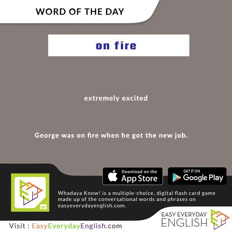 EEEWordlists's tweet photo. easy_everyday_english 

#WordOfTheDay is "on fire” via @EEEWordlists
 
Meaning: extremely excited 

https://t.co/5m4x3d2S2U

Buy Book: https://t.co/hdilvqIdli

#vocabulary #dictionary #thesaurus #EEEWordlists #onlinedictionary #englishclass #WordsOfWisdom #English #finger https://t.co/iXgc9TXqfS