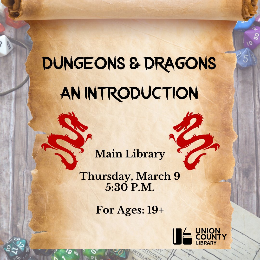 UCPLNC's tweet photo. Enter the world of Dungeons & Dragons and learn what you need to know to join a world of adventure! Thursday, March 9, 2023, from 5:30 P.M. - 6:30 P.M, Griffin Room. #uclnc #UnionCounty #libraries #adultprogramming #dnd #dungeonsanddragons https://t.co/tvQCYX7ZS4